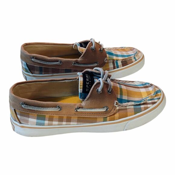 Sperry Top Sider Bahama Boat Shoe Womens Size 7 Brown Camel Plaid Canvas Slip On - Picture 9 of 14